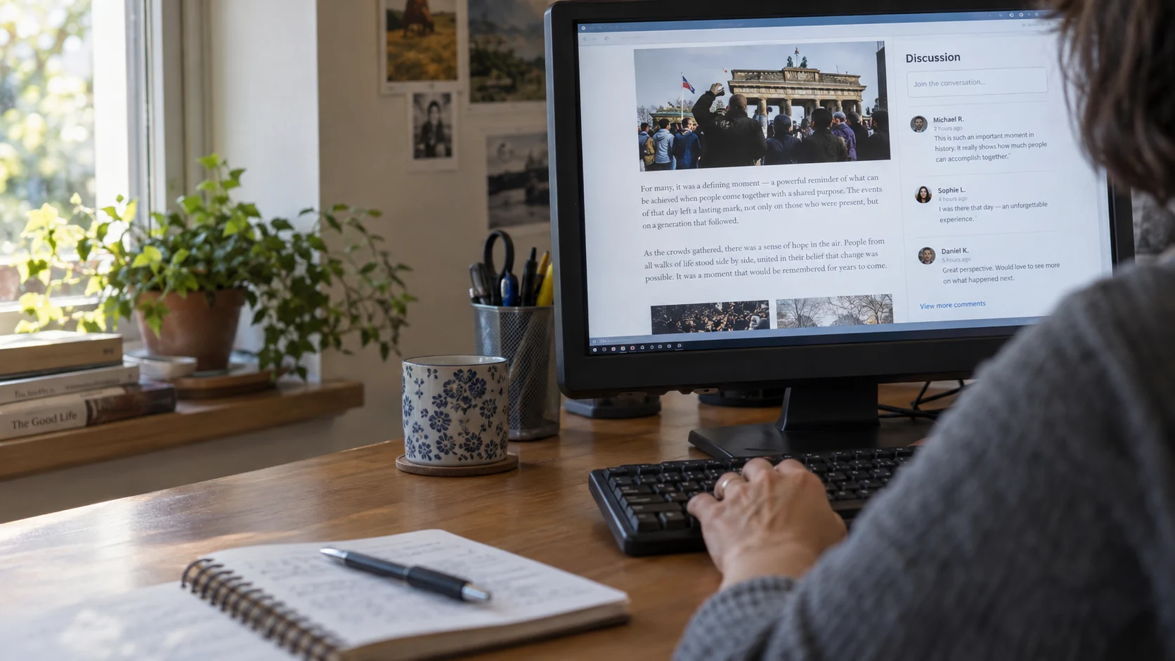 Illustration of a reader at a desktop news page with a discussion panel in a home study.
