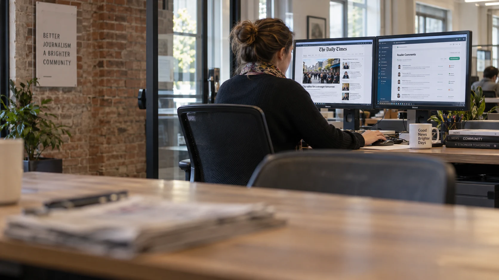 Illustration of a community moderator reviewing reader conversations on two monitors in an editorial office.