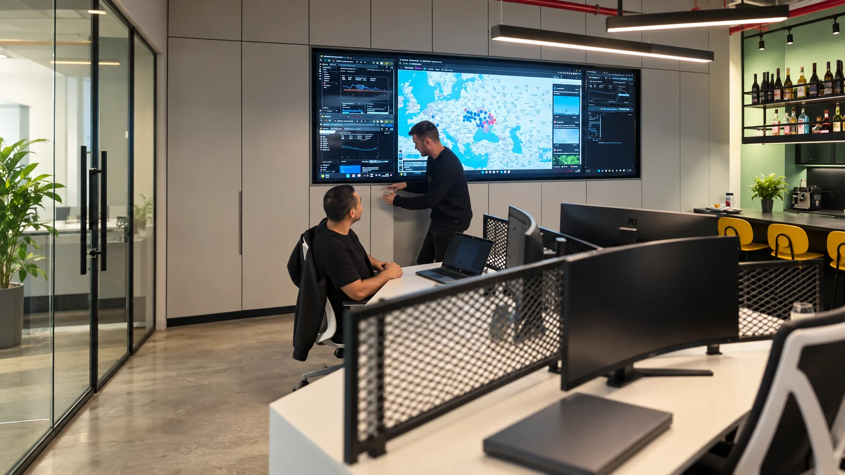 The original two office colleagues discussing their work beside the real wall map screen and workstations.