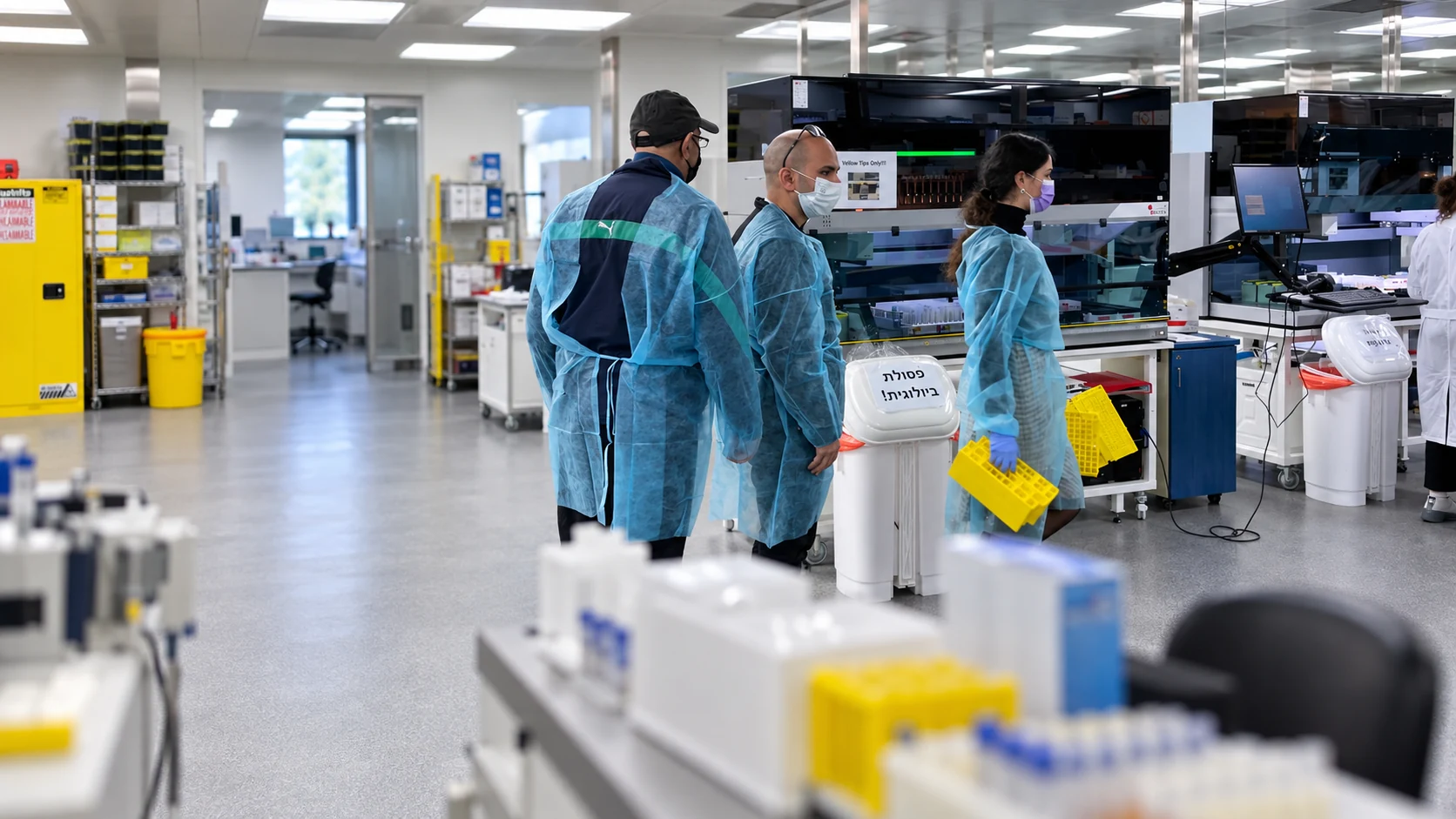 The original masked laboratory colleagues in blue gowns, including the woman holding yellow sample racks, in a wider laboratory aisle.