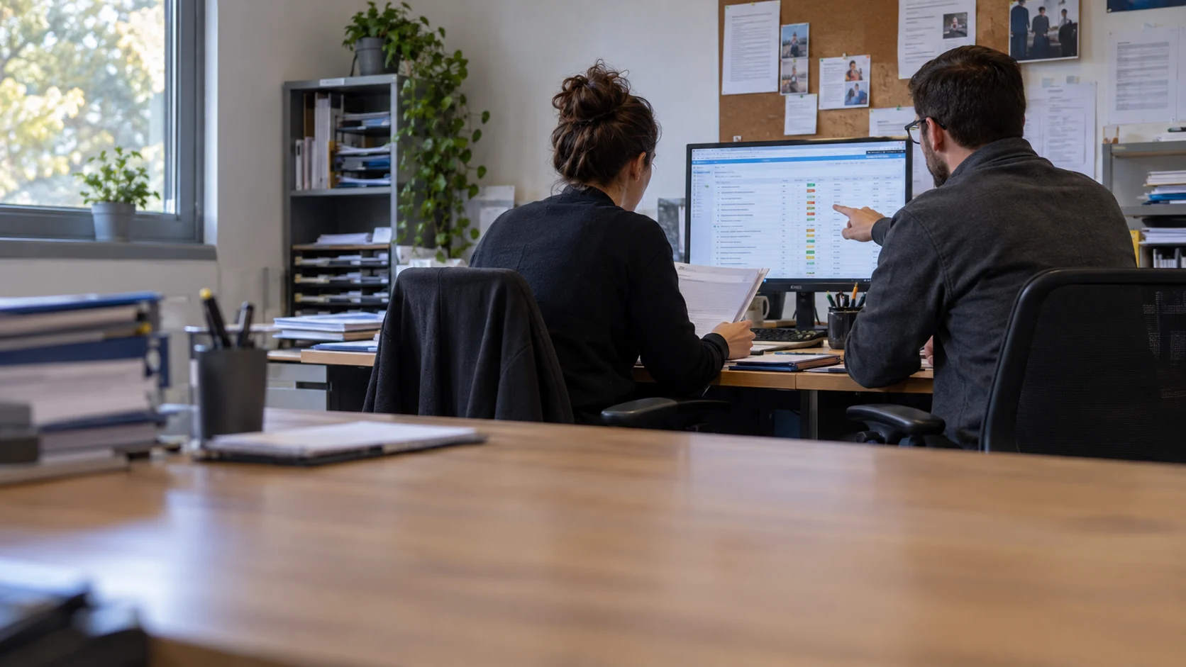 Illustration of two colleagues reviewing a task list and records at a shared workstation; not a photograph of the forensic-centre project.