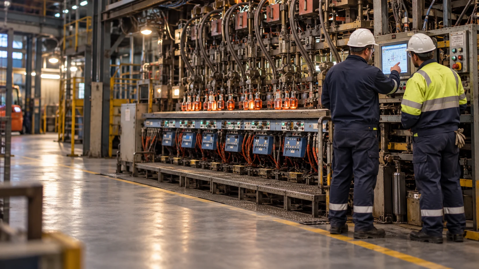 An illustrative recomposition of the supplied production machinery with two workers reviewing its control station.