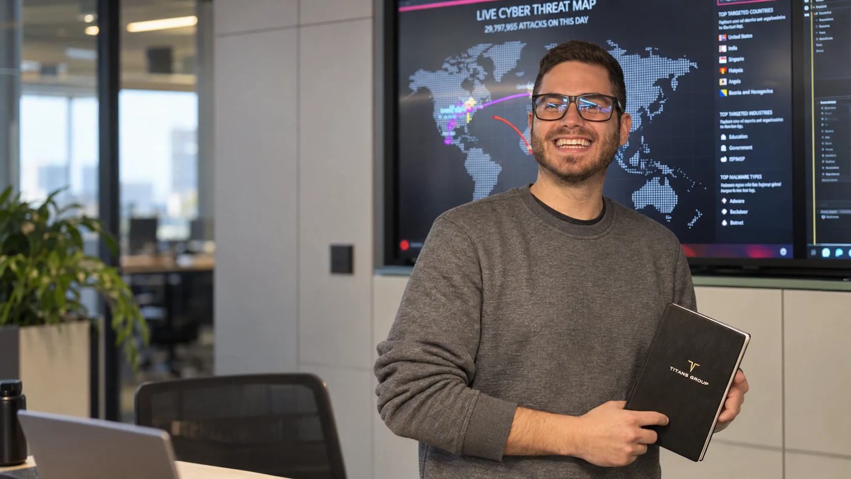 An environmental portrait of the original Titans colleague in black glasses and a grey crewneck, with the company office behind him.